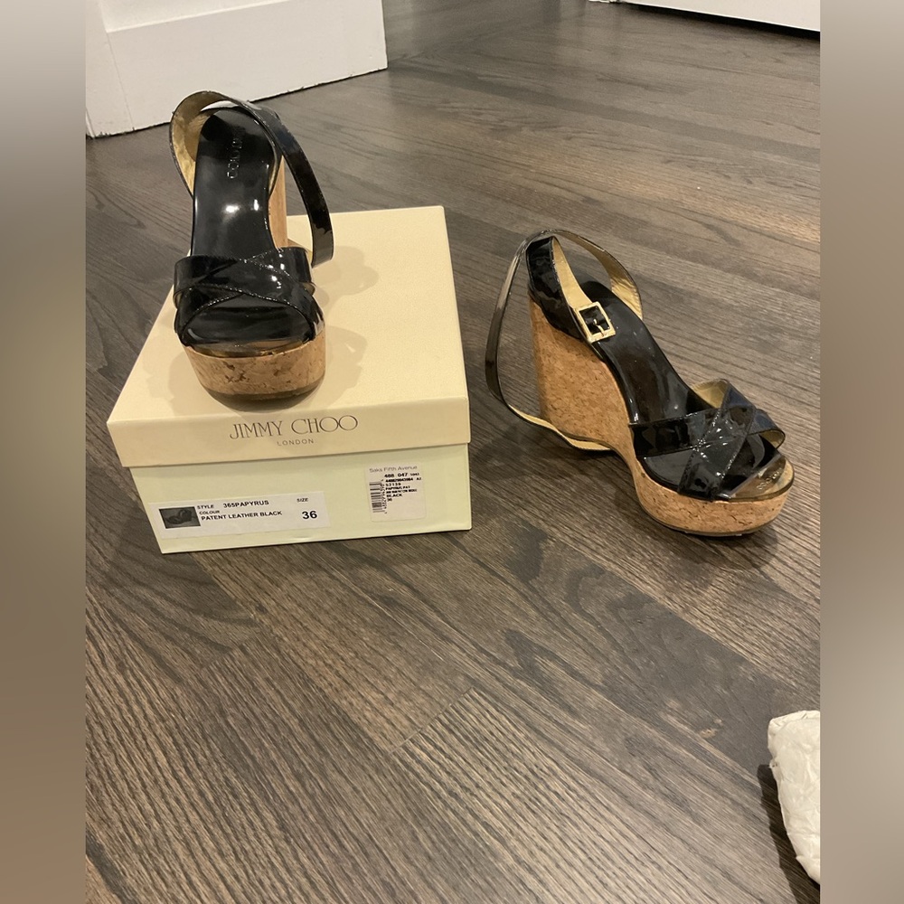 Jimmy Choo Papyrus Patent Cork Wedge Black 36
